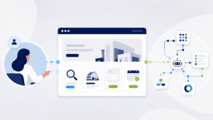 Illustration of a business website supporting both conventional human interaction and structured AI-agent access to website actions.