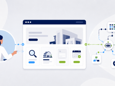 Illustration of a business website supporting both conventional human interaction and structured AI-agent access to website actions.