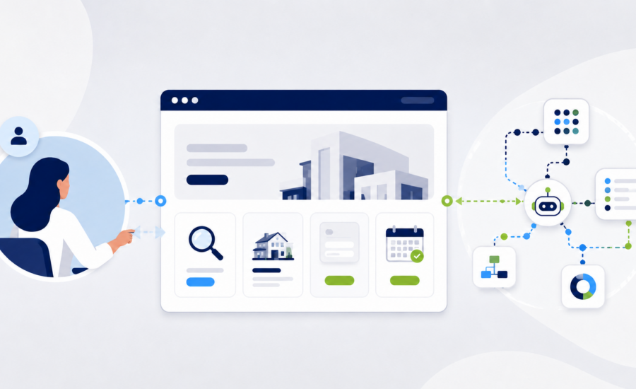 Illustration of a business website supporting both conventional human interaction and structured AI-agent access to website actions.