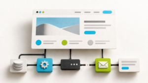 Illustration of a website above connected infrastructure components, with an interrupted link to an email envelope.