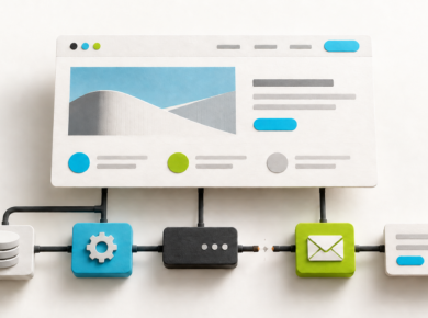 Illustration of a website above connected infrastructure components, with an interrupted link to an email envelope.