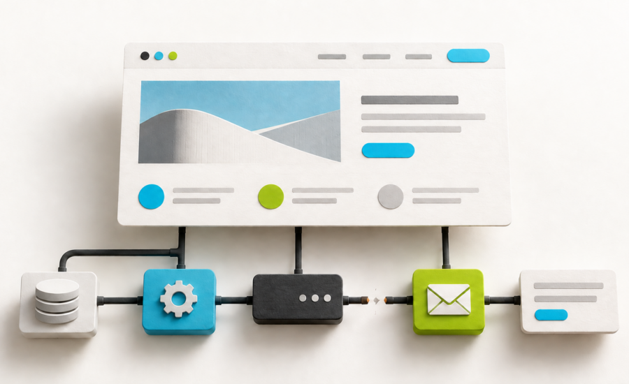 Illustration of a website above connected infrastructure components, with an interrupted link to an email envelope.