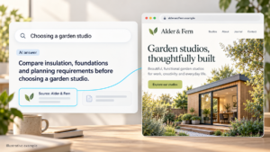 Illustrative AI search answer citing Alder & Fern, linked to a fictional garden studio business website.