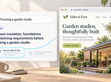Illustrative AI search answer citing Alder & Fern, linked to a fictional garden studio business website.