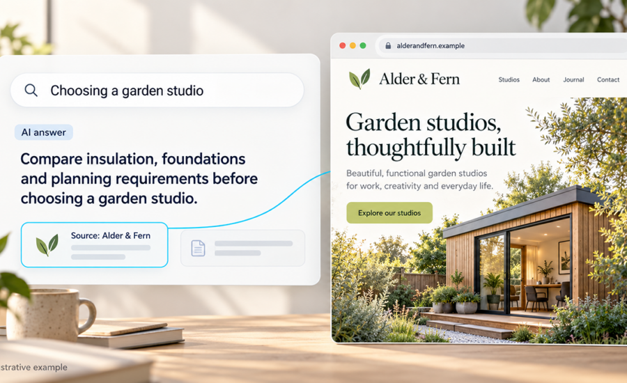Illustrative AI search answer citing Alder & Fern, linked to a fictional garden studio business website.